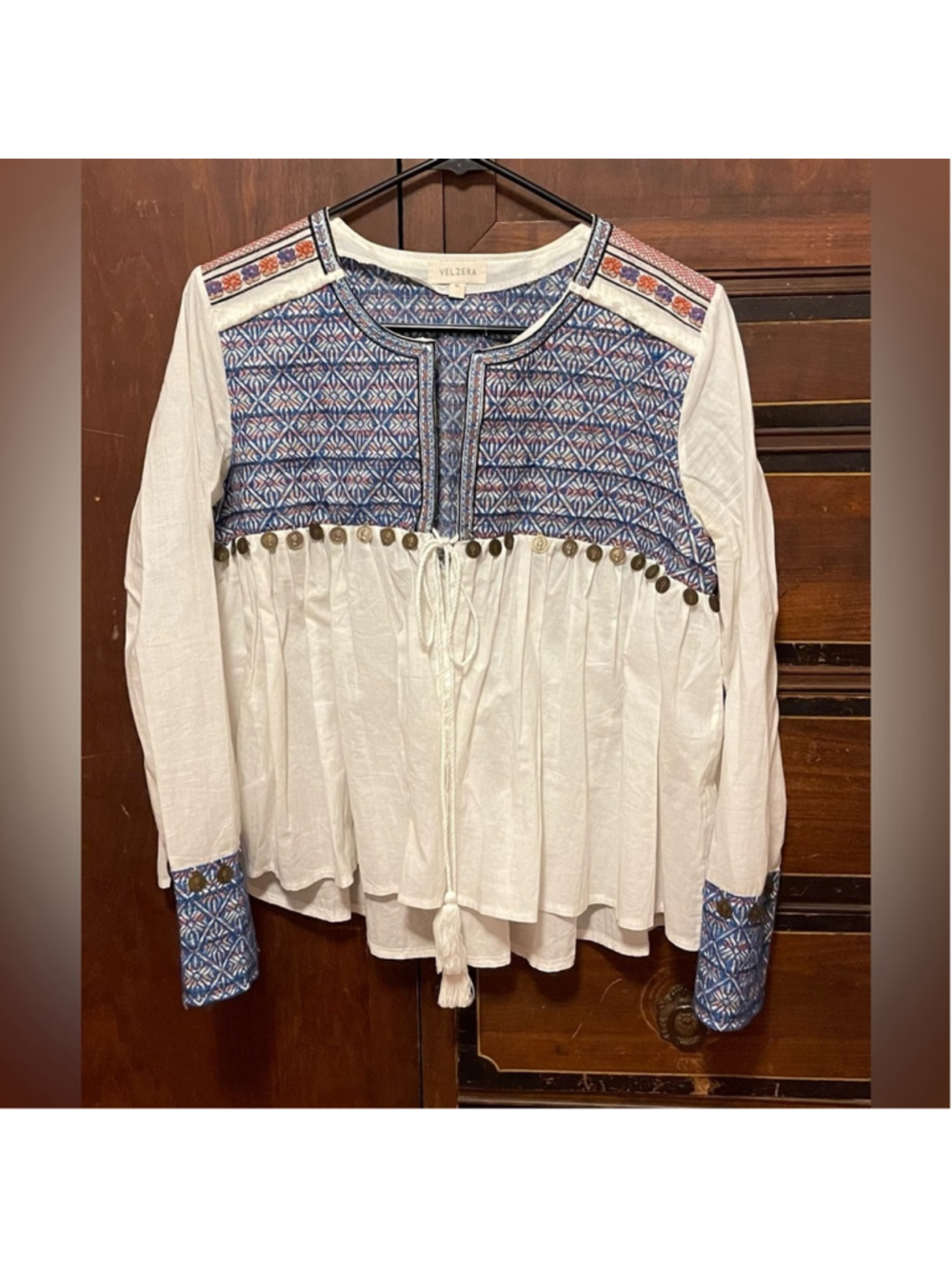Velzera White and Blue Boho Embroidered Blouse